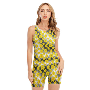 Black Striped Daffodil Pattern Print Sleeveless One Piece Swimsuit