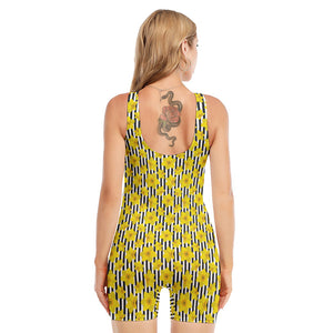 Black Striped Daffodil Pattern Print Sleeveless One Piece Swimsuit