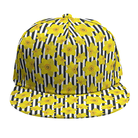 Black Striped Daffodil Pattern Print Snapback Cap