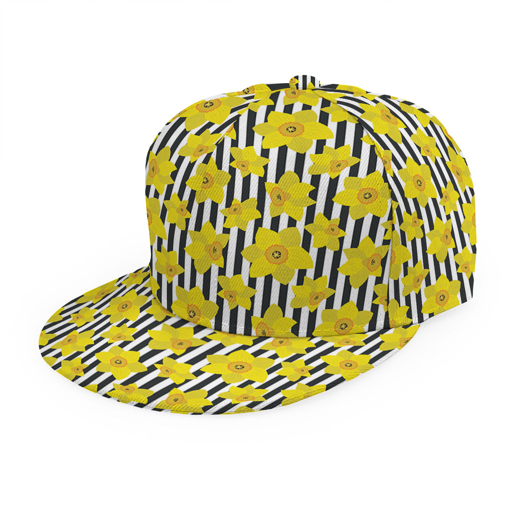 Black Striped Daffodil Pattern Print Snapback Cap