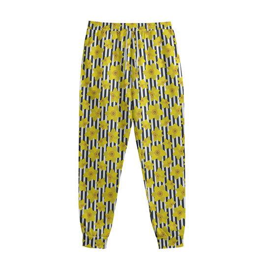 Black Striped Daffodil Pattern Print Sweatpants