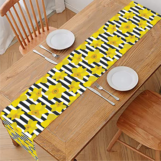 Black Striped Daffodil Pattern Print Table Runner