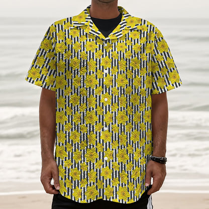 Black Striped Daffodil Pattern Print Textured Short Sleeve Shirt