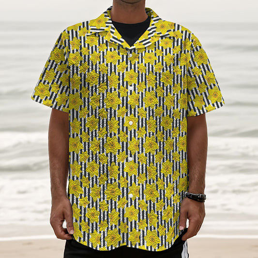 Black Striped Daffodil Pattern Print Textured Short Sleeve Shirt