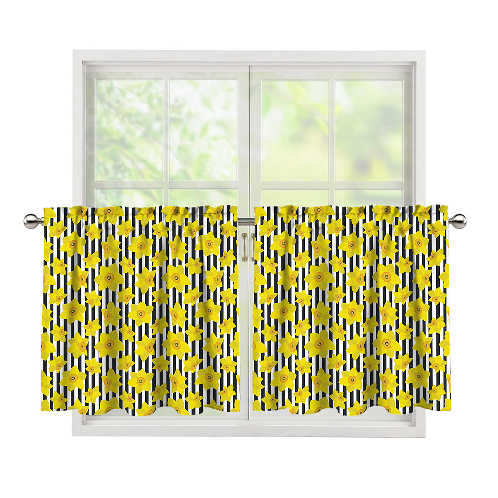 Black Striped Daffodil Pattern Print Tier Curtains