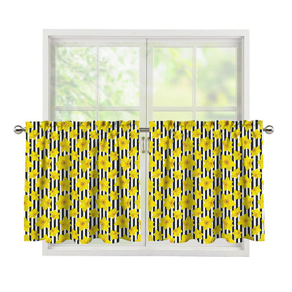 Black Striped Daffodil Pattern Print Tier Curtains