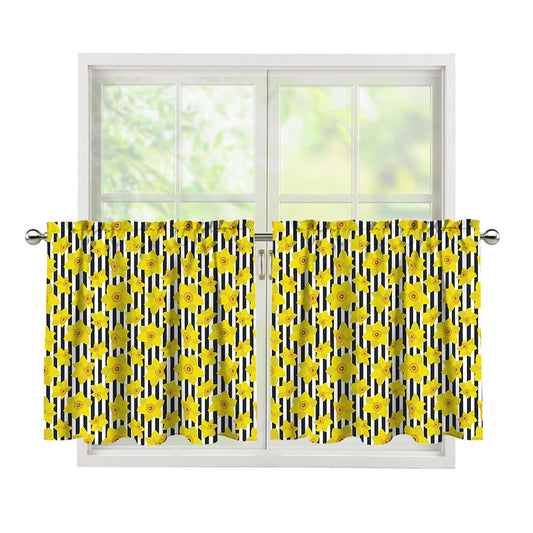 Black Striped Daffodil Pattern Print Tier Curtains