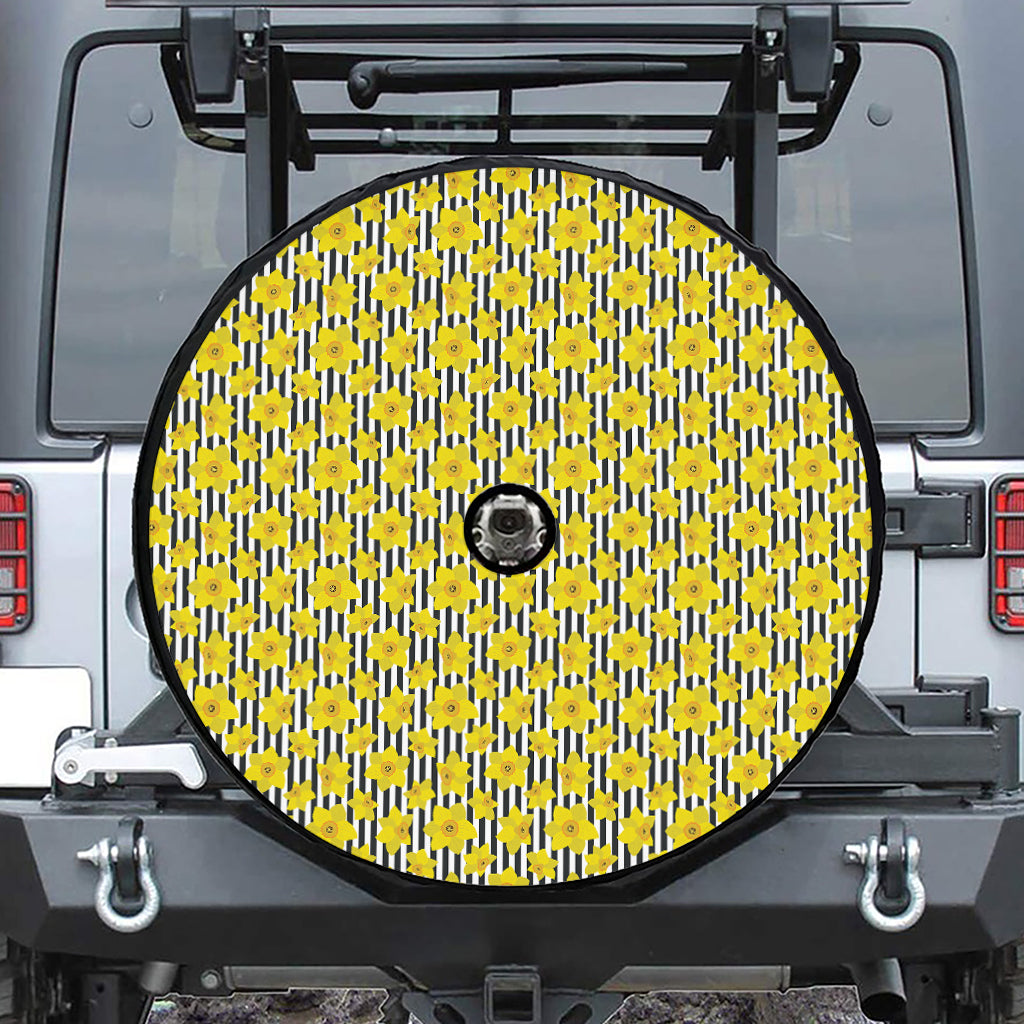 Black Striped Daffodil Pattern Print Tire Cover With Camera Hole