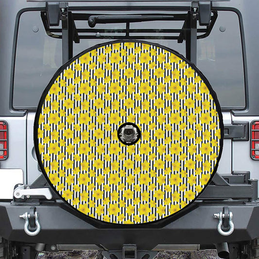 Black Striped Daffodil Pattern Print Tire Cover With Camera Hole