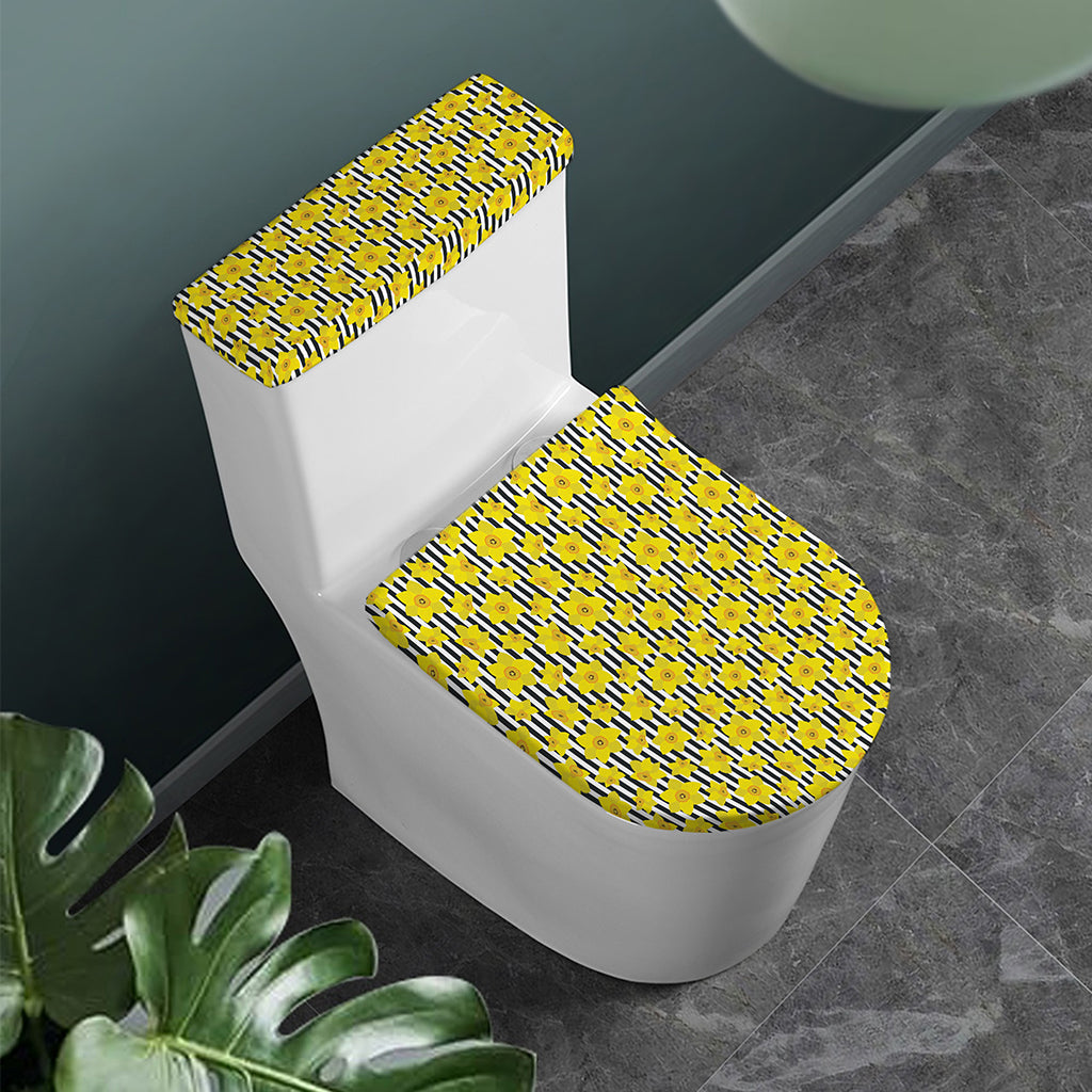 Black Striped Daffodil Pattern Print Toilet Lid And Tank Cover Set