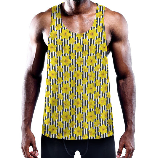 Black Striped Daffodil Pattern Print Training Tank Top