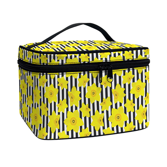 Black Striped Daffodil Pattern Print Travel Makeup Bag