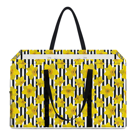 Black Striped Daffodil Pattern Print Utility Tote Bag