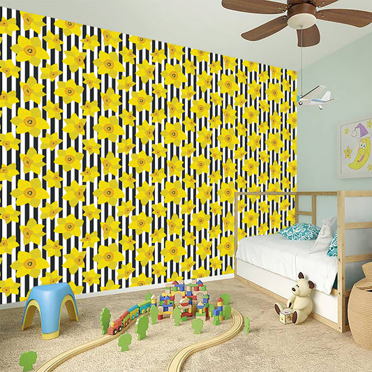 Black Striped Daffodil Pattern Print Wall Sticker