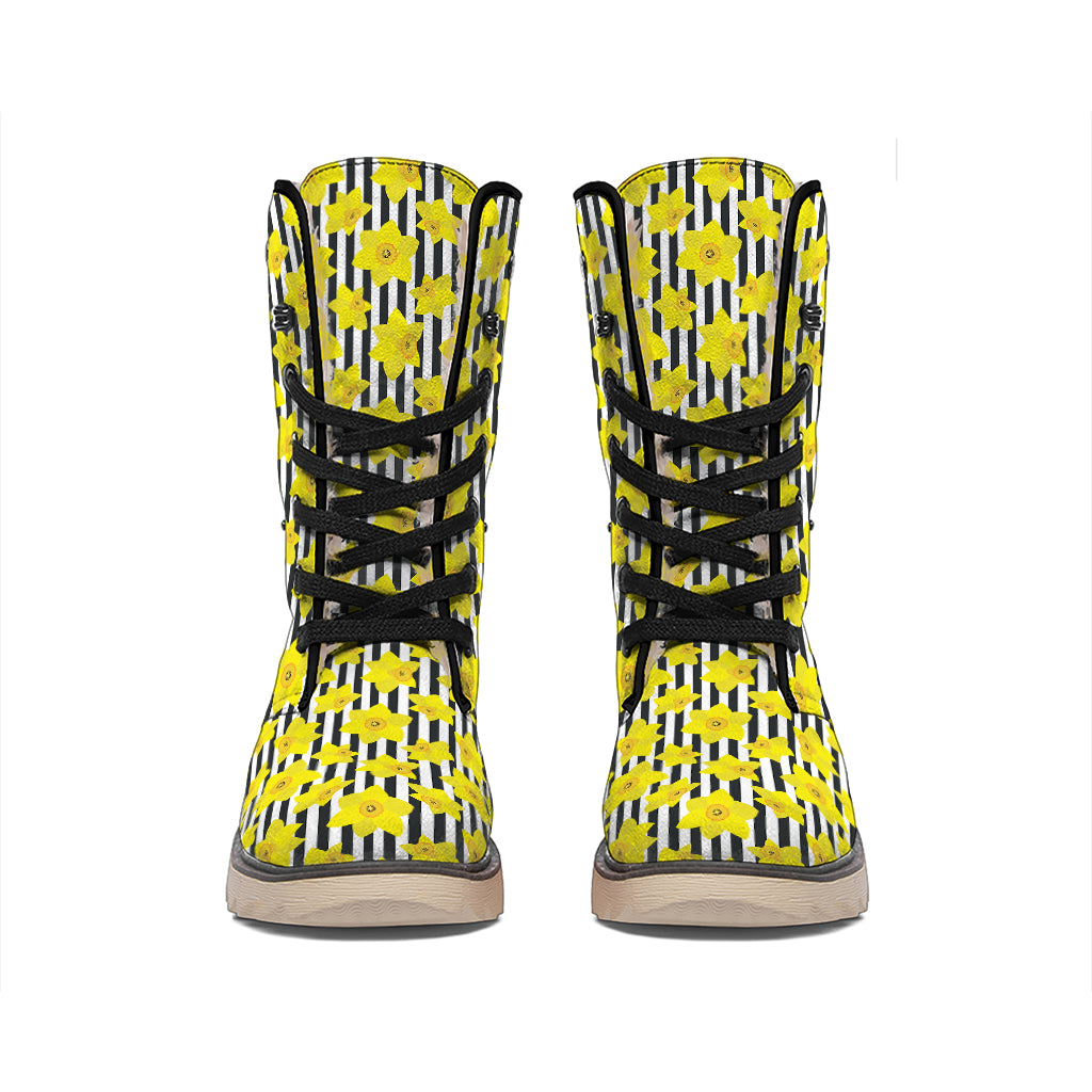 Black Striped Daffodil Pattern Print Winter Boots