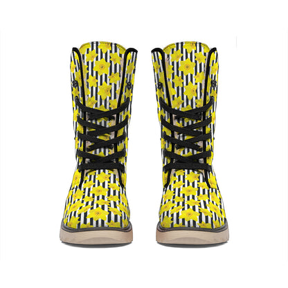 Black Striped Daffodil Pattern Print Winter Boots