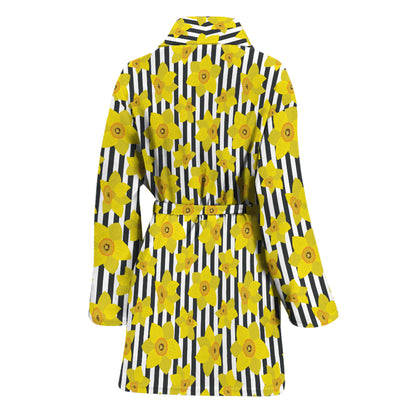 Black Striped Daffodil Pattern Print Women's Bathrobe