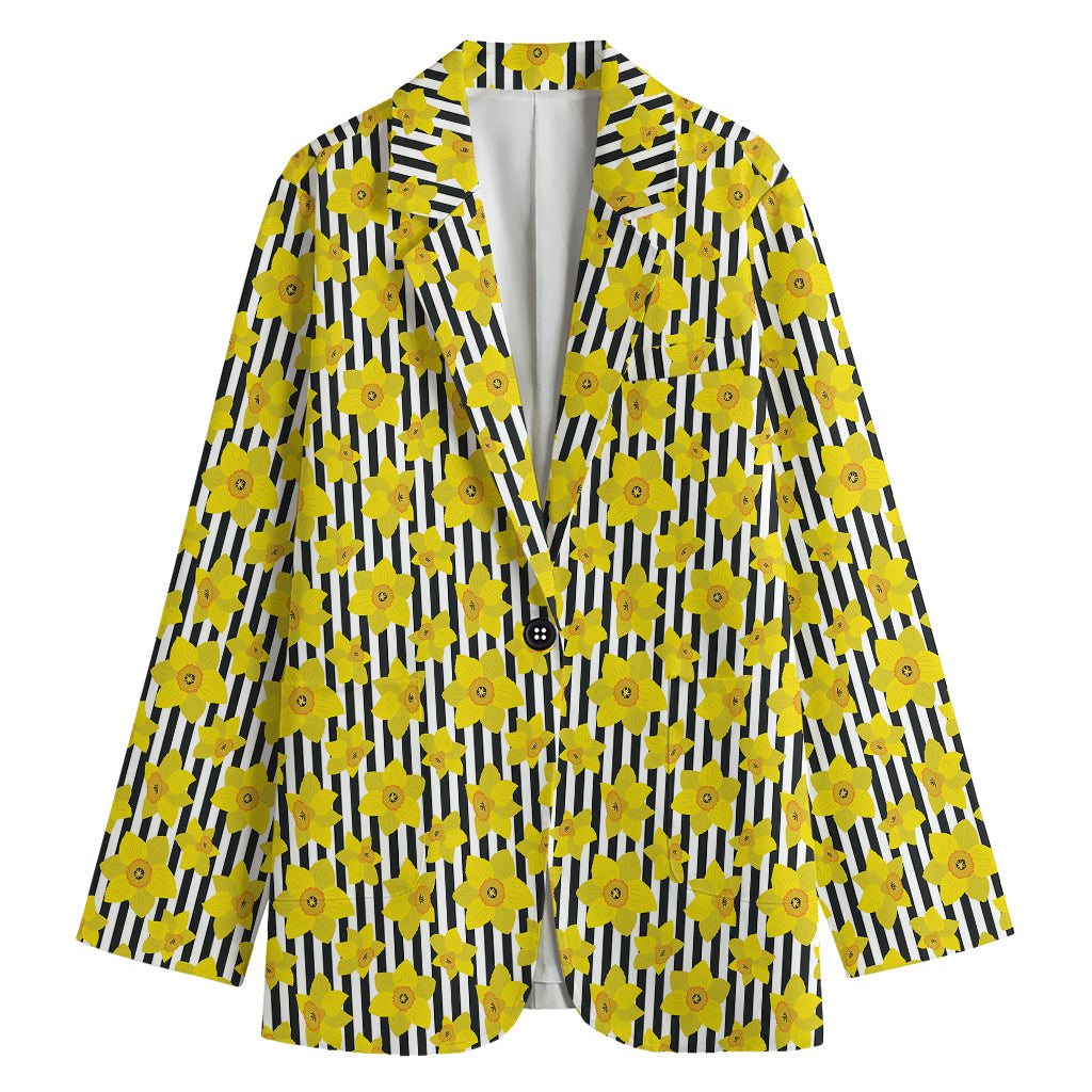 Black Striped Daffodil Pattern Print Women's Blazer