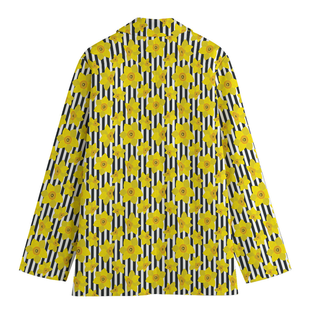 Black Striped Daffodil Pattern Print Women's Blazer