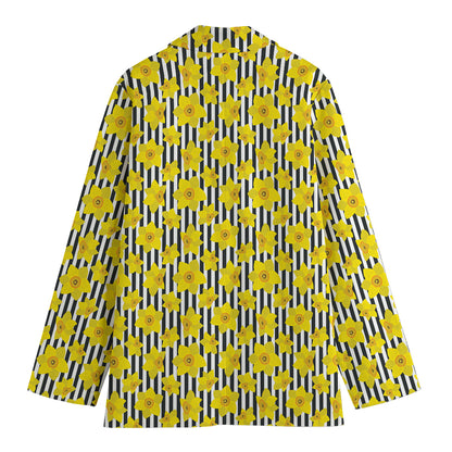 Black Striped Daffodil Pattern Print Women's Blazer