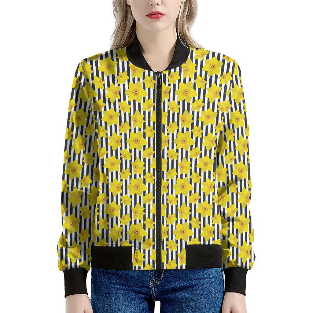 Black Striped Daffodil Pattern Print Women's Bomber Jacket