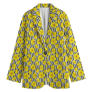 Black Striped Daffodil Pattern Print Women's Cotton Blazer