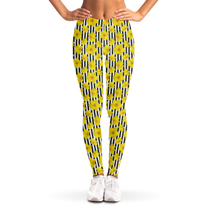 Black Striped Daffodil Pattern Print Women's Leggings