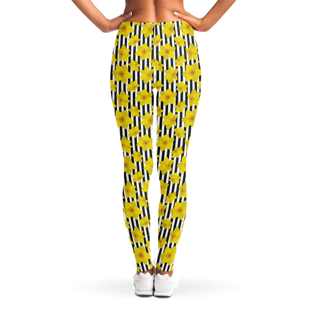 Black Striped Daffodil Pattern Print Women's Leggings