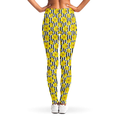 Black Striped Daffodil Pattern Print Women's Leggings