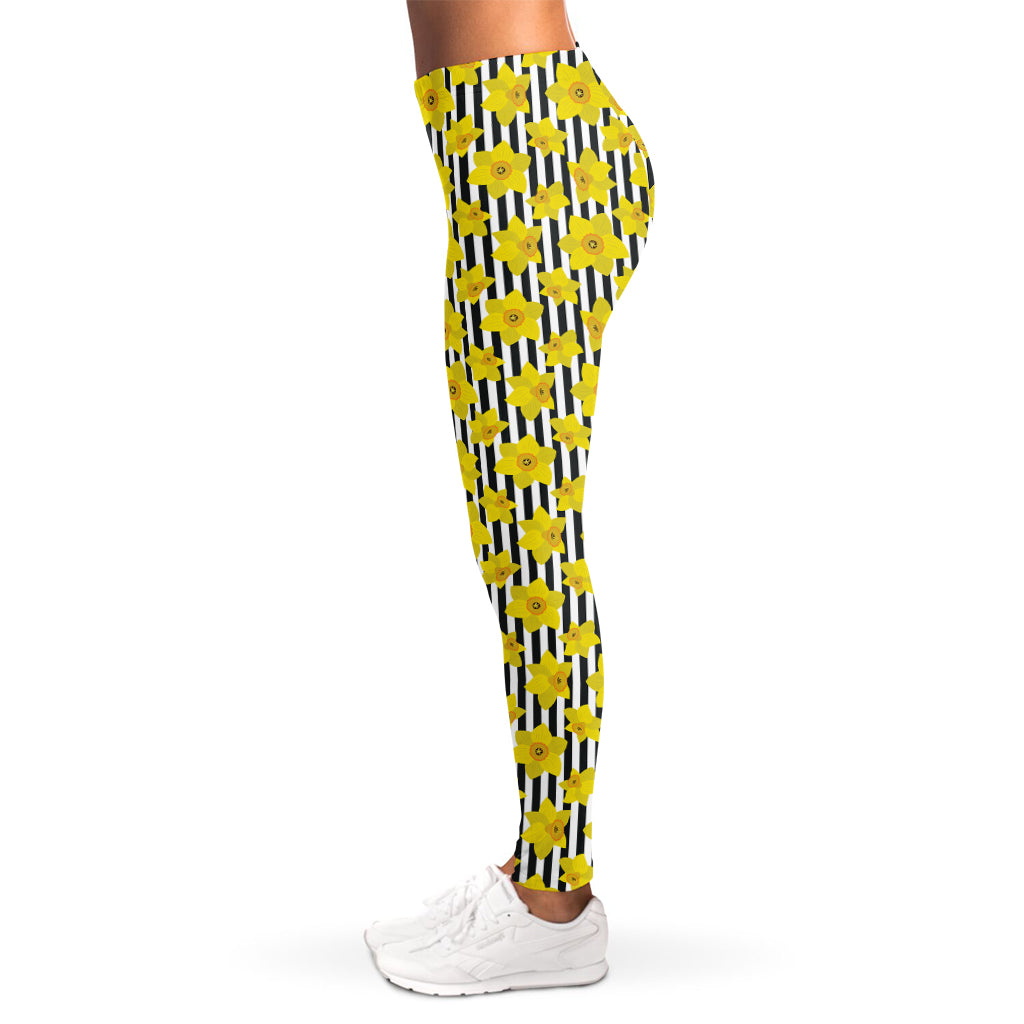 Black Striped Daffodil Pattern Print Women's Leggings