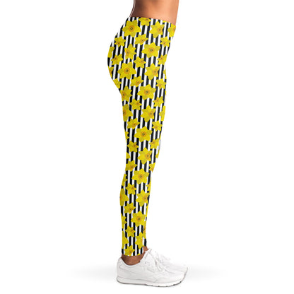 Black Striped Daffodil Pattern Print Women's Leggings