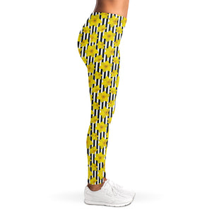 Black Striped Daffodil Pattern Print Women's Leggings