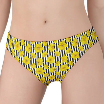 Black Striped Daffodil Pattern Print Women's Panties