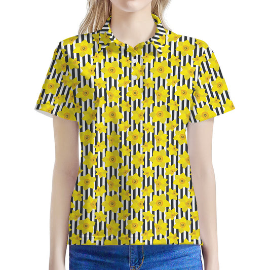 Black Striped Daffodil Pattern Print Women's Polo Shirt