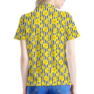 Black Striped Daffodil Pattern Print Women's Polo Shirt