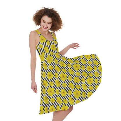 Black Striped Daffodil Pattern Print Women's Sleeveless Dress