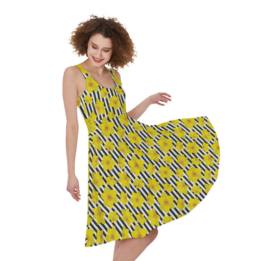 Black Striped Daffodil Pattern Print Women's Sleeveless Dress