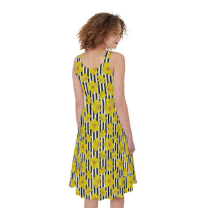 Black Striped Daffodil Pattern Print Women's Sleeveless Dress