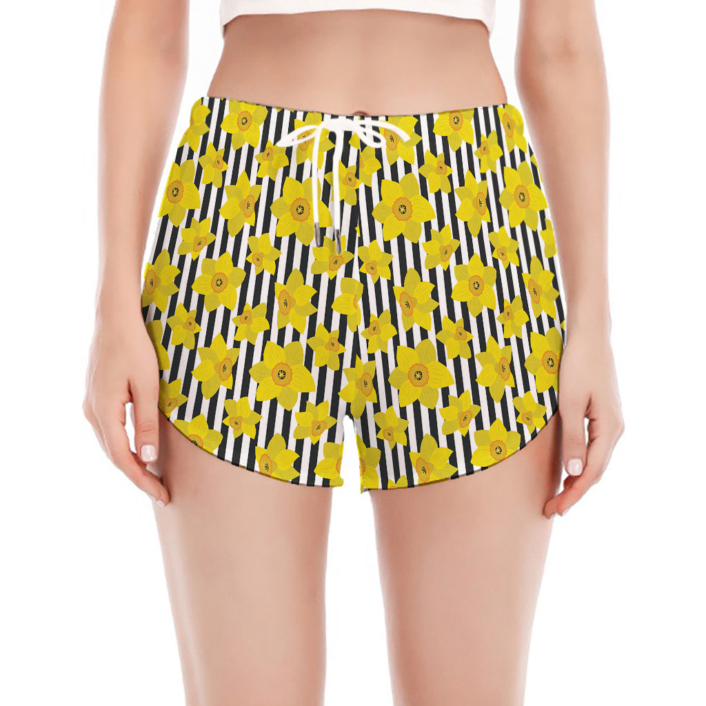 Black Striped Daffodil Pattern Print Women's Split Running Shorts