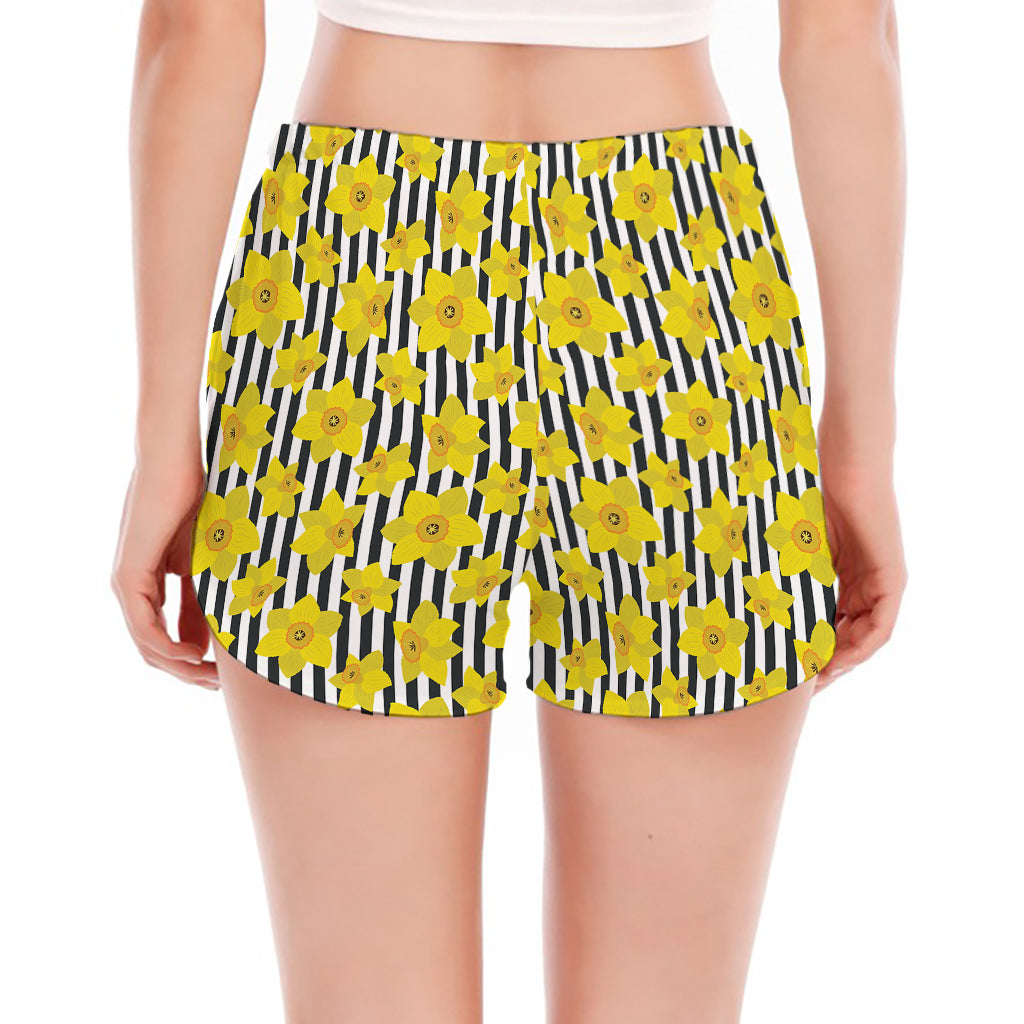 Black Striped Daffodil Pattern Print Women's Split Running Shorts