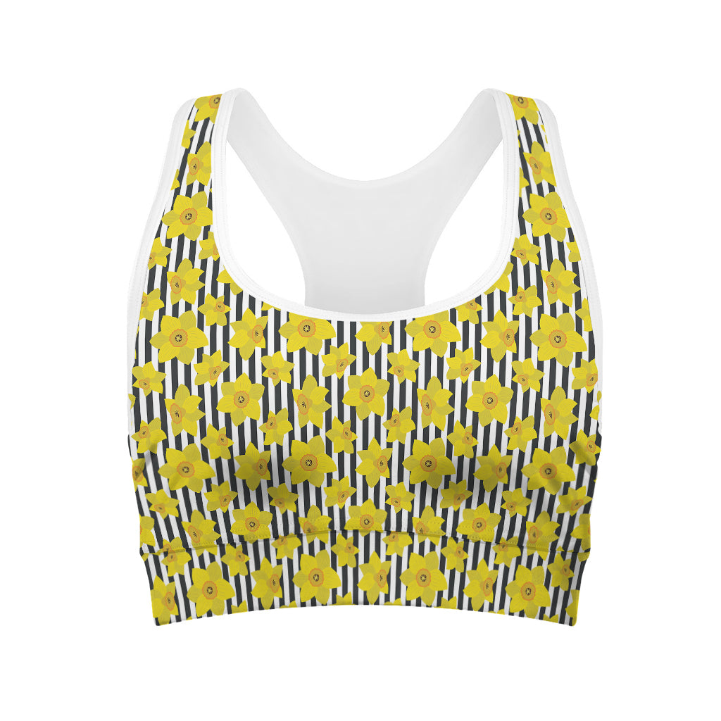 Black Striped Daffodil Pattern Print Women's Sports Bra