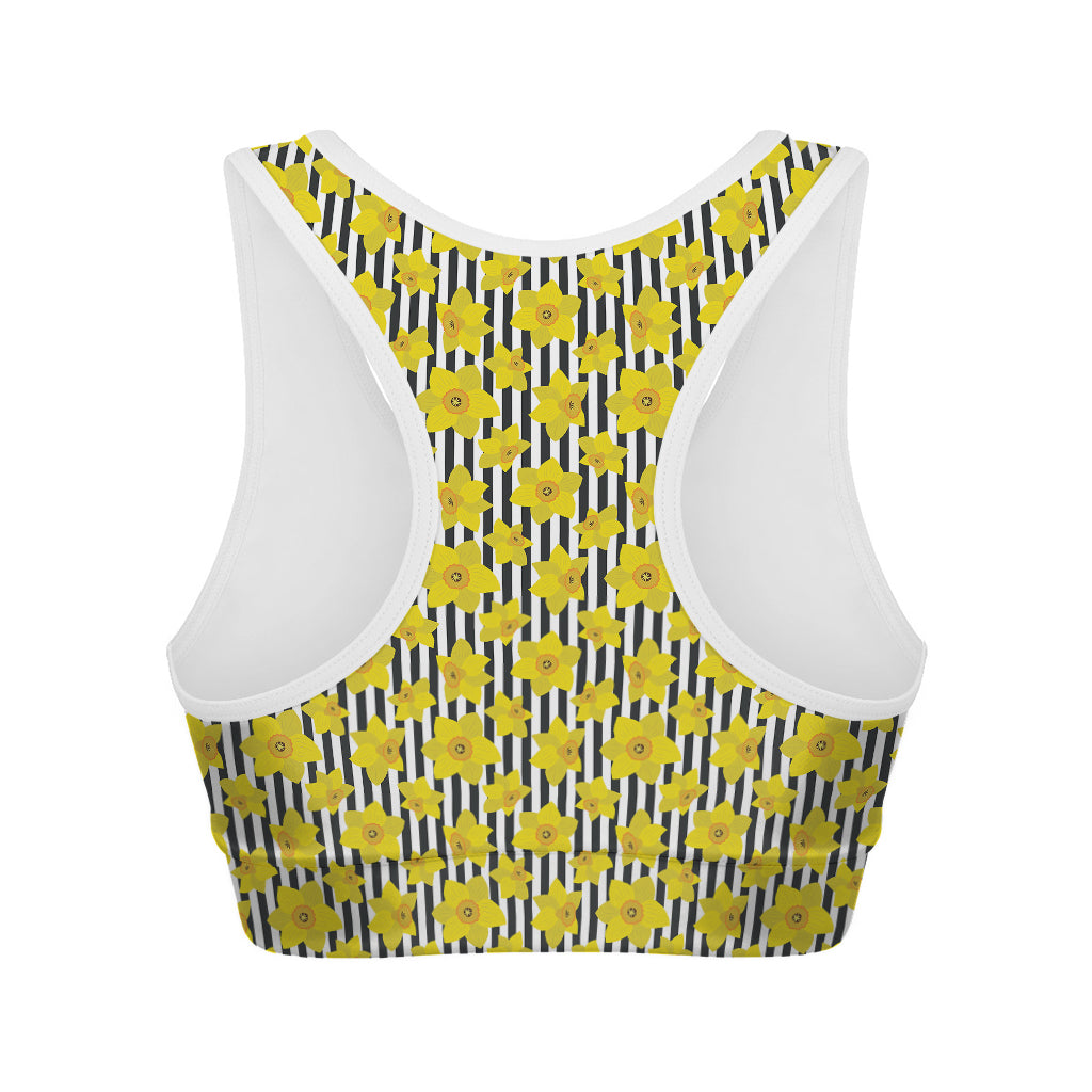 Black Striped Daffodil Pattern Print Women's Sports Bra