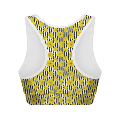 Black Striped Daffodil Pattern Print Women's Sports Bra