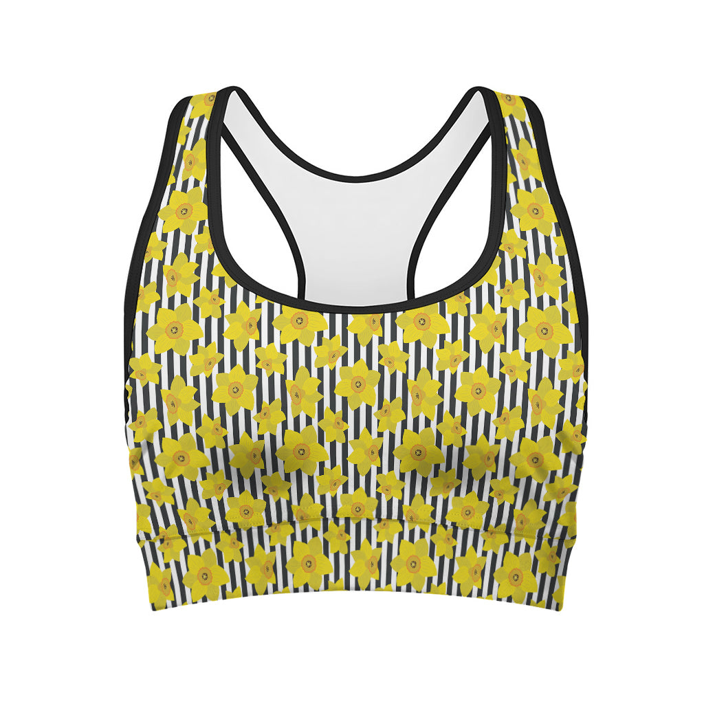 Black Striped Daffodil Pattern Print Women's Sports Bra