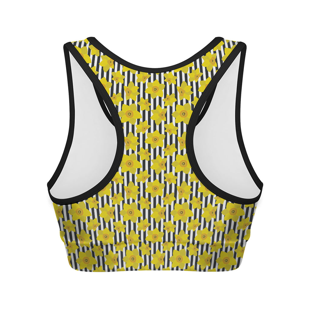 Black Striped Daffodil Pattern Print Women's Sports Bra