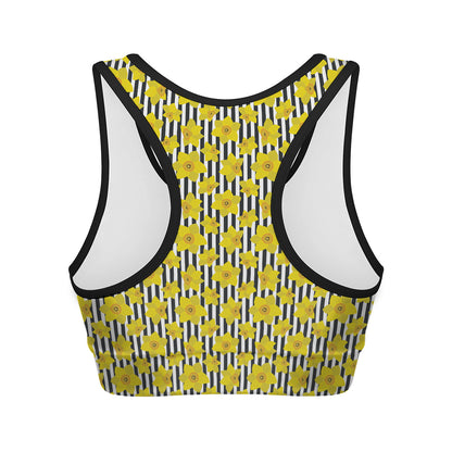 Black Striped Daffodil Pattern Print Women's Sports Bra