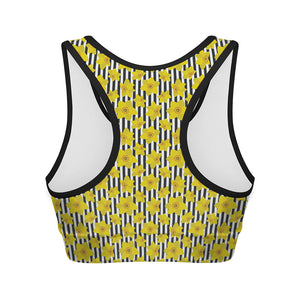 Black Striped Daffodil Pattern Print Women's Sports Bra