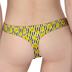 Black Striped Daffodil Pattern Print Women's Thong