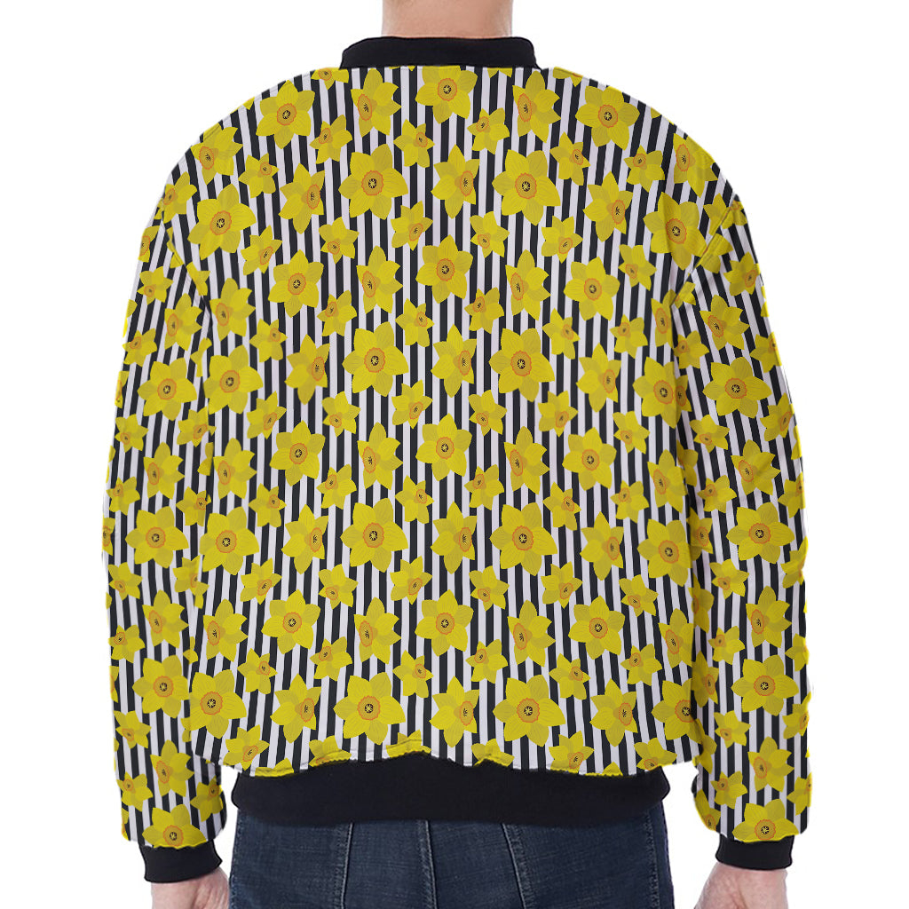 Black Striped Daffodil Pattern Print Zip Sleeve Bomber Jacket