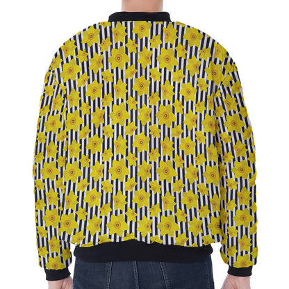 Black Striped Daffodil Pattern Print Zip Sleeve Bomber Jacket